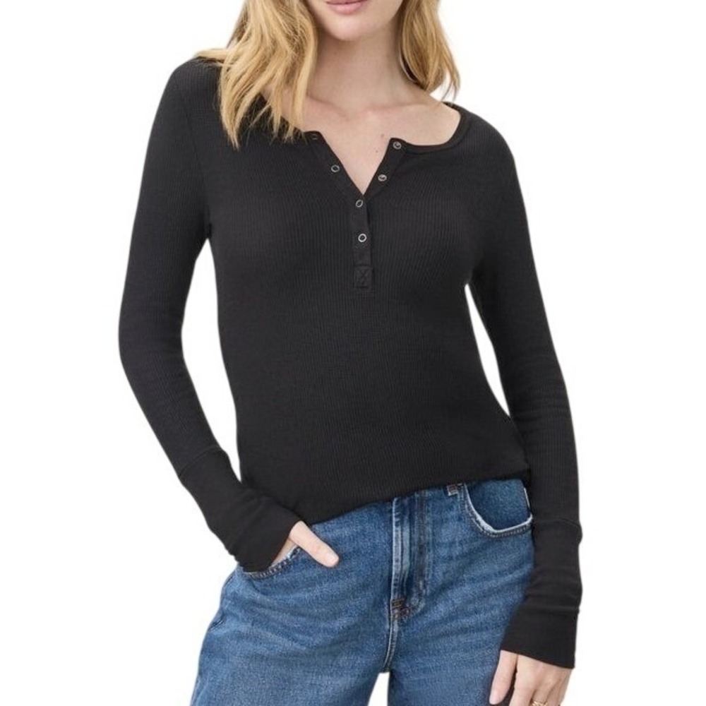 Splendid Womens S Black Modal Cotton Waffle Thermal Henley Top Y2K Layering